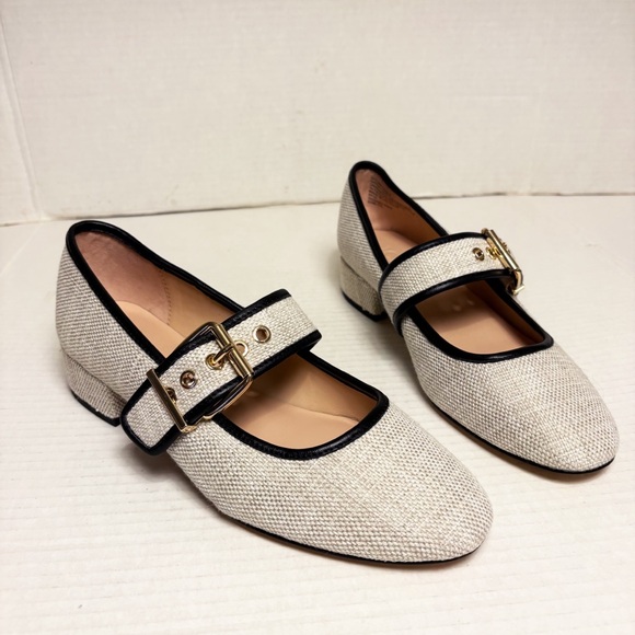NWOB J. Crew Teagan Mary Jane Heels in Spanish Canvas Cream & Black - Picture 3 of 10